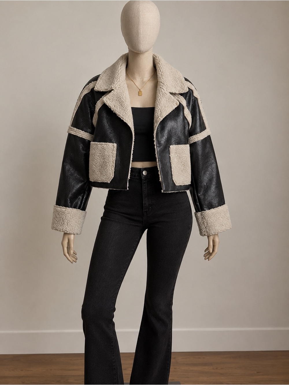 Steve Madden Black Faux Leather Cropped Shearling Jacket with Cream Trim